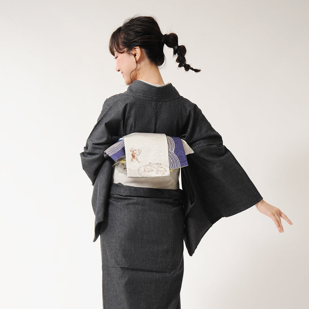 半巾帯 ツナ取り(薄グレー)|相撲|うさぎ|かえる|正絹リバーシブル|浴衣|夏着物|帯|長さ約425cm幅約16.5cm|素材:絹100%|生産:日本