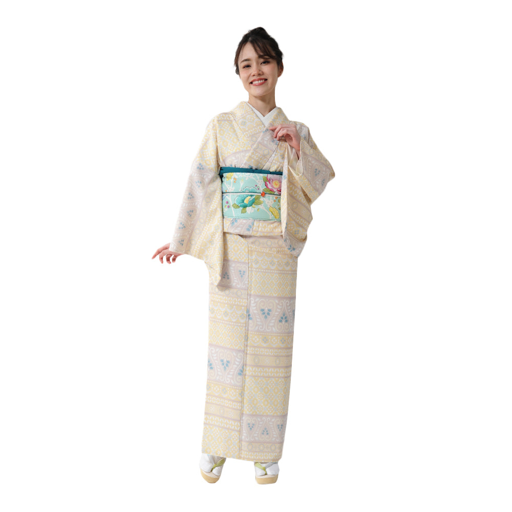 半巾帯 アフタヌーン・ティ(ミント)|花園|正絹リバーシブル|浴衣|夏着物|帯|長さ約425cm幅約16.5cm|素材:絹100%|生産:日本