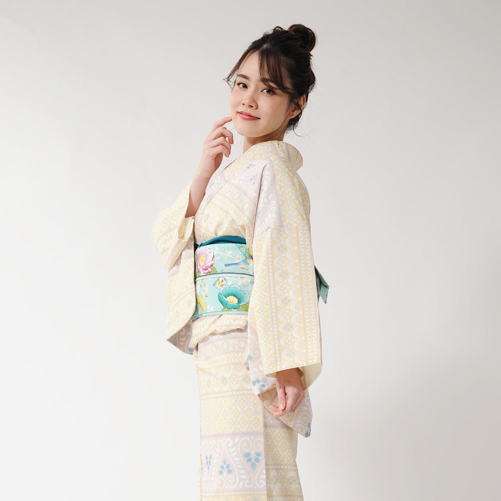 半巾帯 アフタヌーン・ティ(ミント)|花園|正絹リバーシブル|浴衣|夏着物|帯|長さ約425cm幅約16.5cm|素材:絹100%|生産:日本