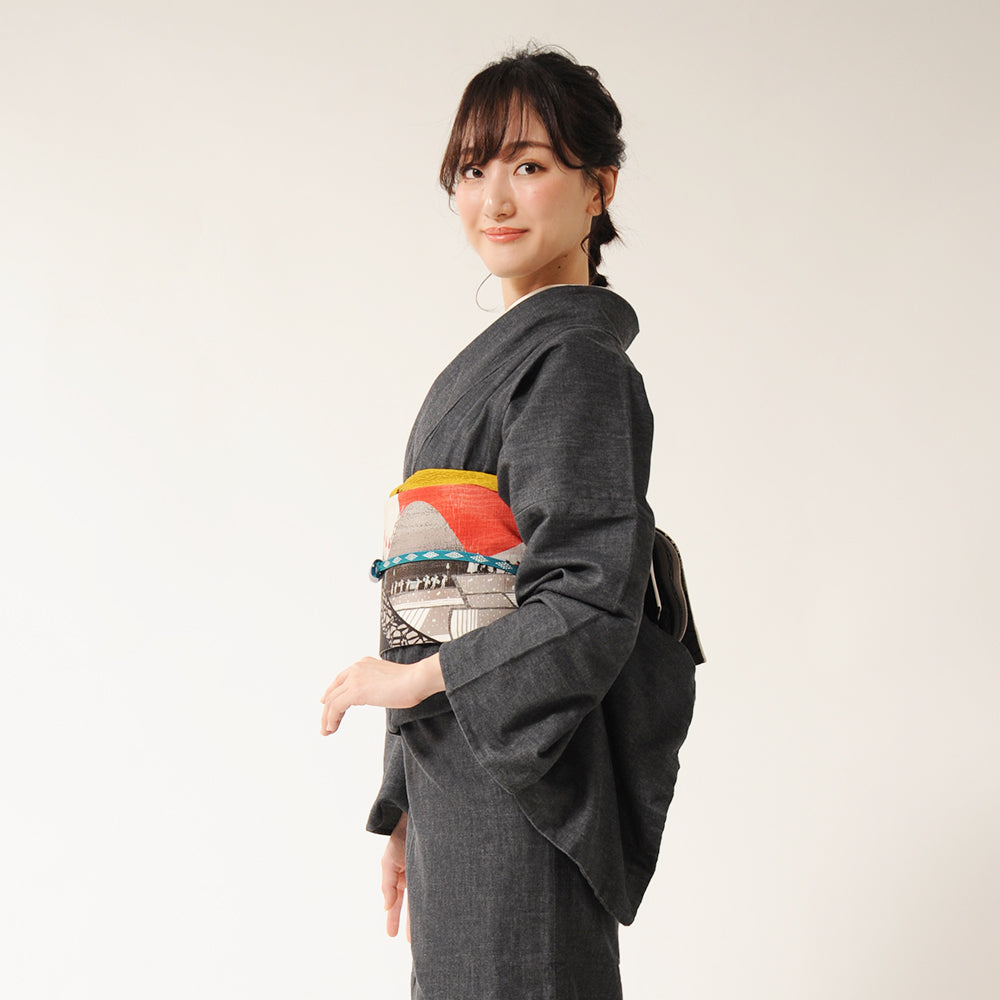 半巾帯 いざ お江戸!!(ベージュ)|うさぎ大名行列|正絹リバーシブル|浴衣|夏着物|帯|長さ約425cm幅約16.5cm|素材:絹100%|生産:日本