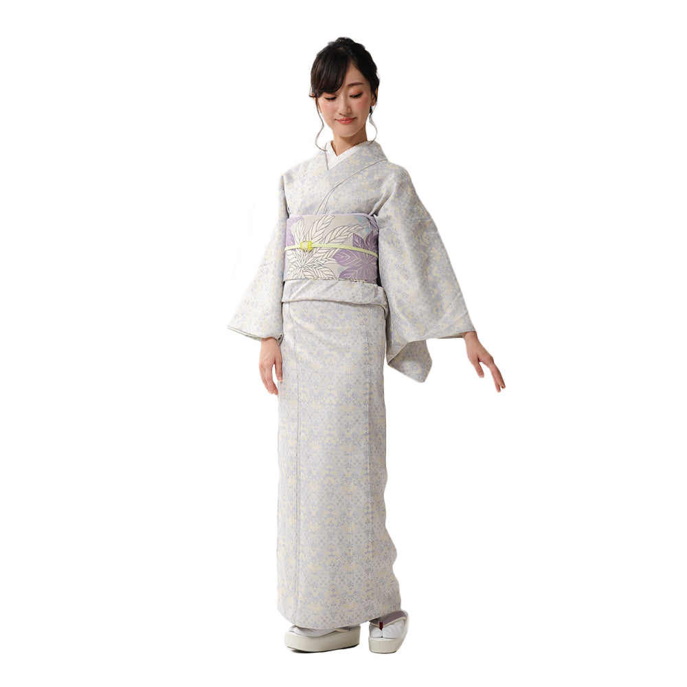 半巾帯 天狗の団扇(薄藤)|ヤツデ|正絹リバーシブル|浴衣|夏着物|帯|長さ約425cm幅約16.5cm|素材:絹100%|生産:日本