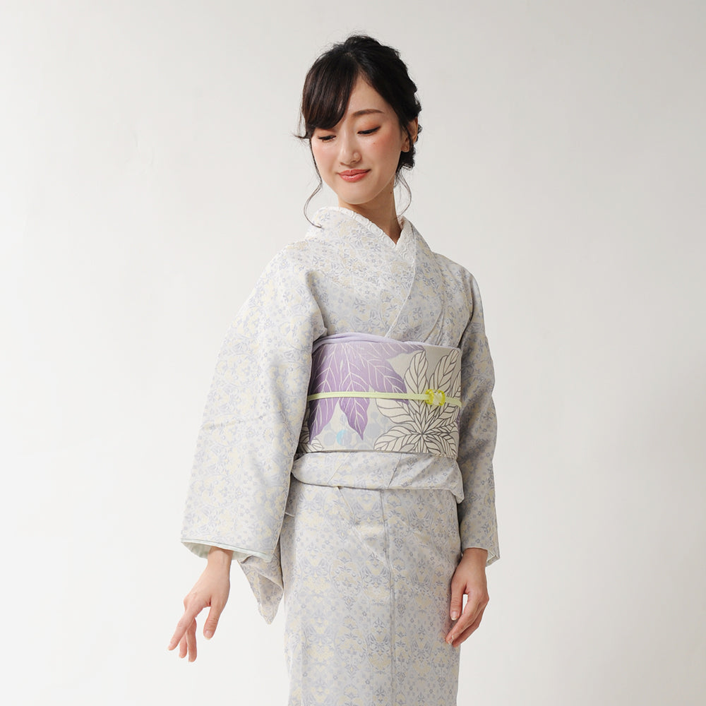 半巾帯 天狗の団扇(薄藤)|ヤツデ|正絹リバーシブル|浴衣|夏着物|帯|長さ約425cm幅約16.5cm|素材:絹100%|生産:日本