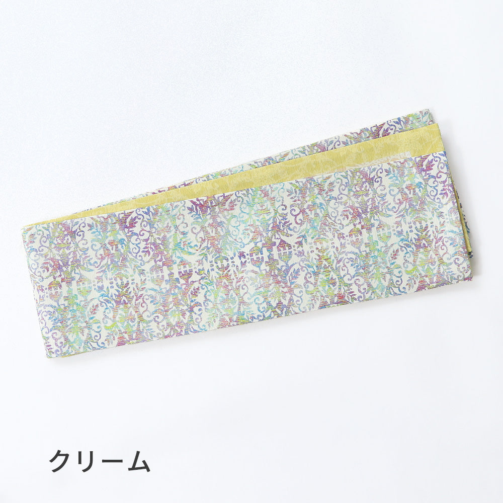 半巾帯 マジョリカ更紗(クリーム)|正絹リバーシブル|浴衣|夏着物|帯|長さ約425cm幅約16.5cm|素材:絹100%|生産:日本