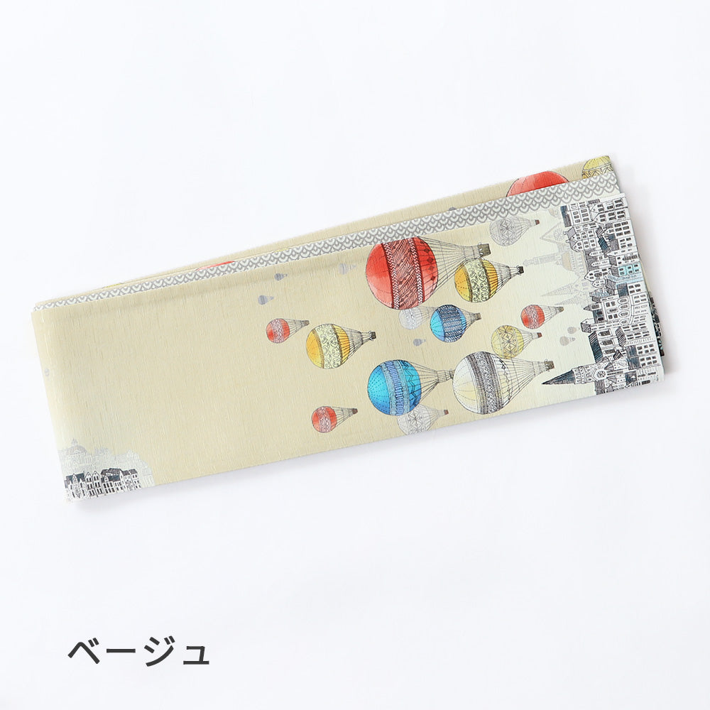 半巾帯 国境のない街(ベージュ)|気球|正絹リバーシブル|浴衣|夏着物|帯|長さ約425cm幅約16.5cm|素材:絹100%|生産:日本