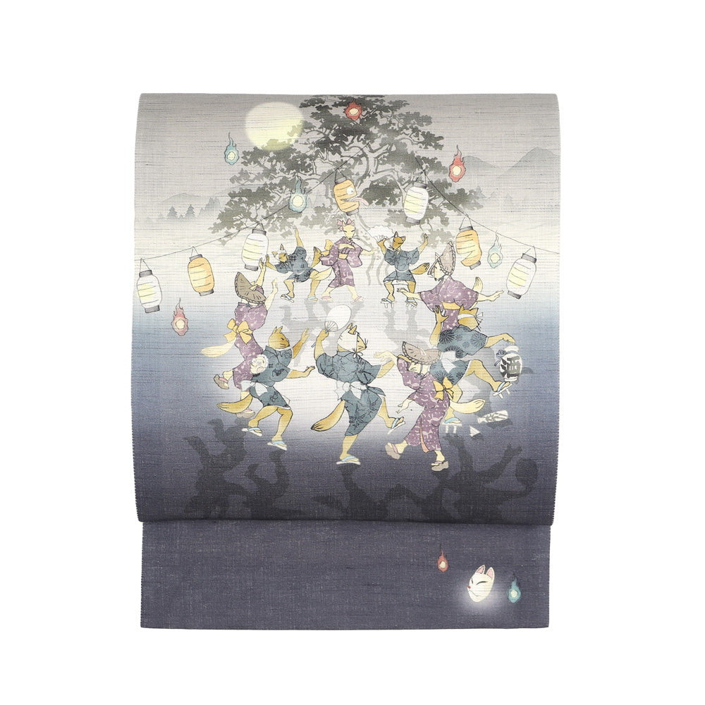 麻京袋帯 鎮守の杜(グレー)|前柄アレンジ|サイズ:長さ約375cm幅約31cm|素材:表地 近江の麻100%