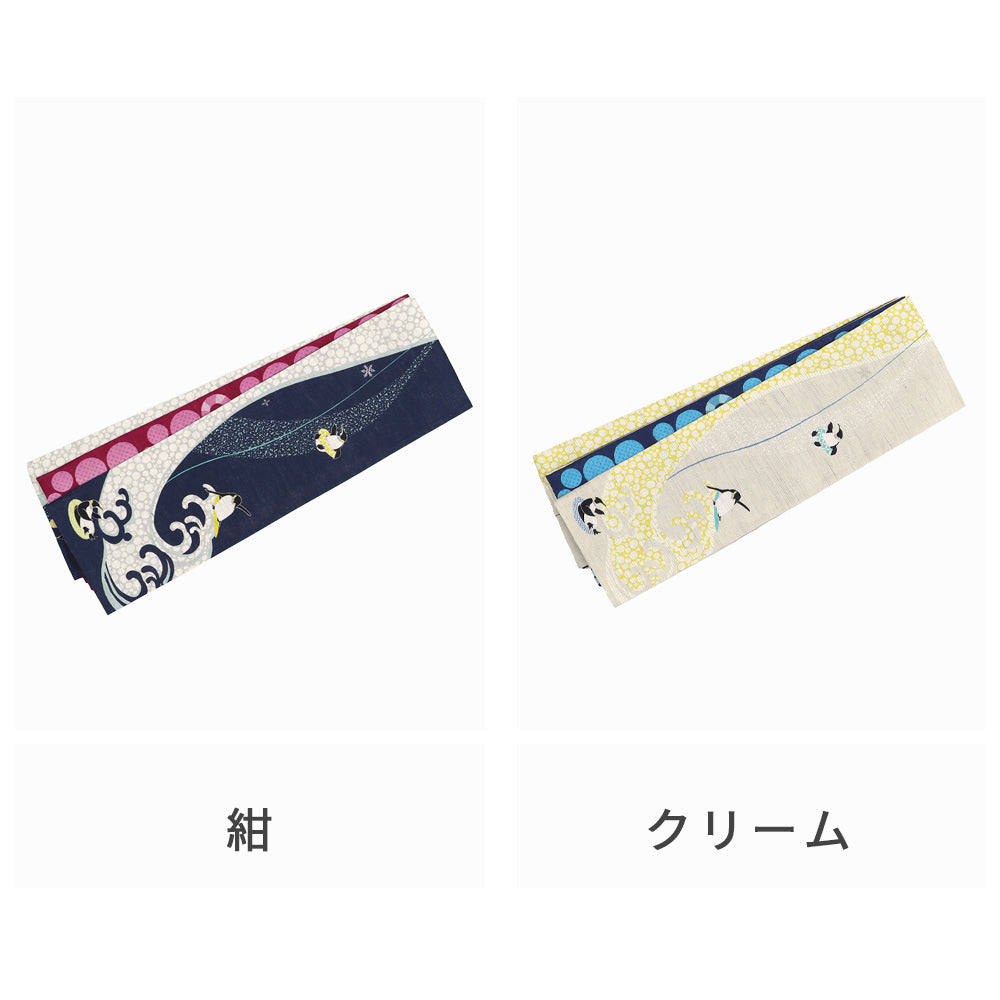 麻半巾帯 ペンギン夏遊び|前柄アレンジ|サイズ:長さ約375cm幅約31cm|素材:表地 近江の麻100%