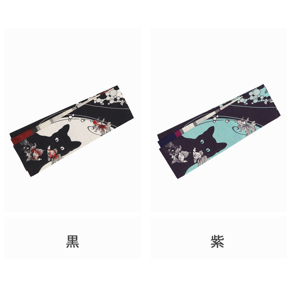 麻半巾帯 僕と彼女たち|猫|前柄アレンジ|サイズ:長さ約375cm幅約31cm|素材:表地 近江の麻100%