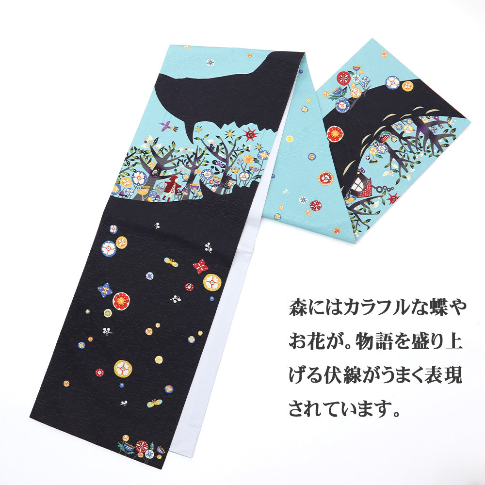 京袋帯 キャ~!!(水色)|赤ずきんちゃん|前柄アレンジ|サイズ:長さ約375cm幅約31cm|素材:表地 絹100%裏地 絹綿混|生産:日本