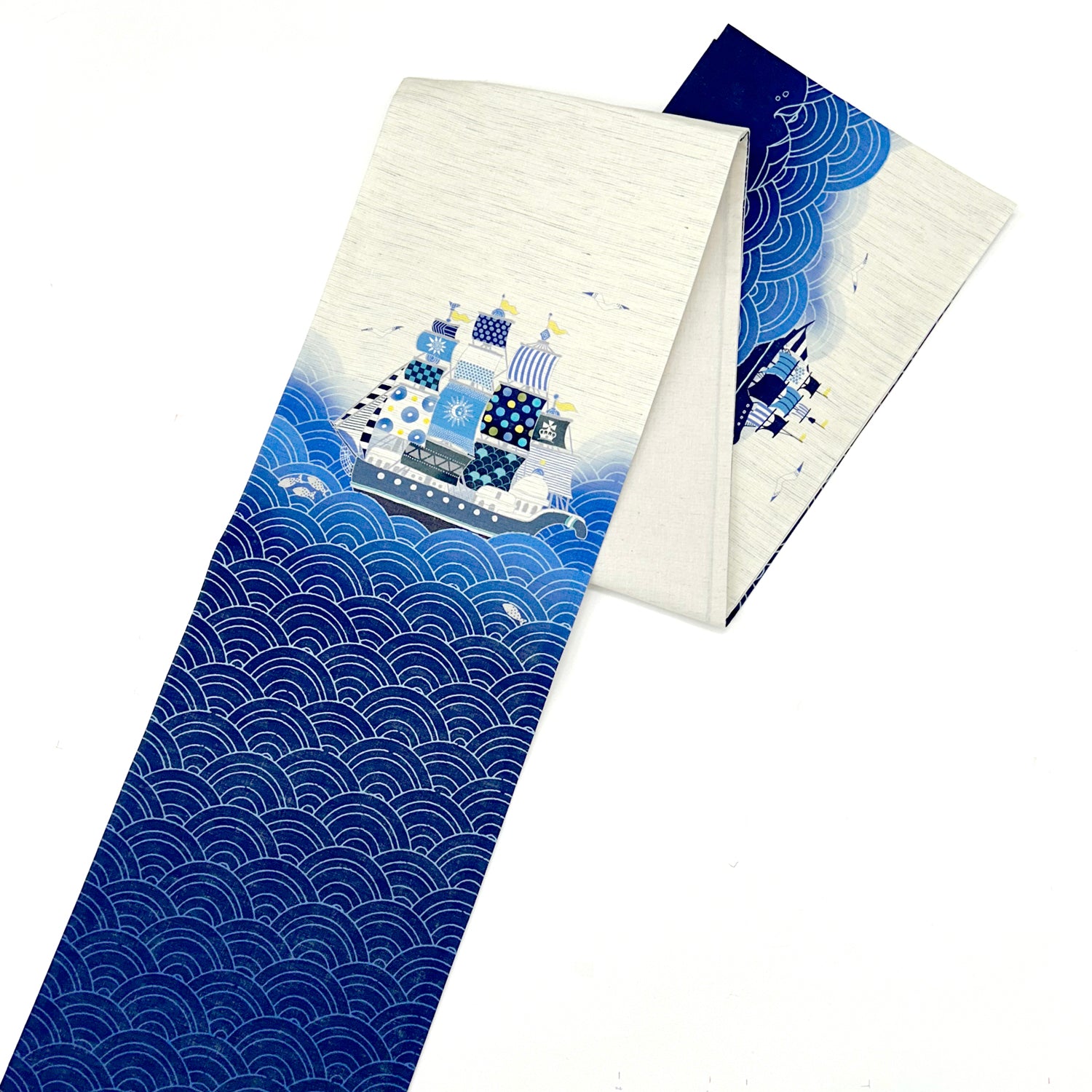 新作！麻京袋帯 ボヤージュ!｜七つの海｜楽園｜帆船｜サイズ：長さ約375cm幅約31cm｜素材：表地 近江の麻100%