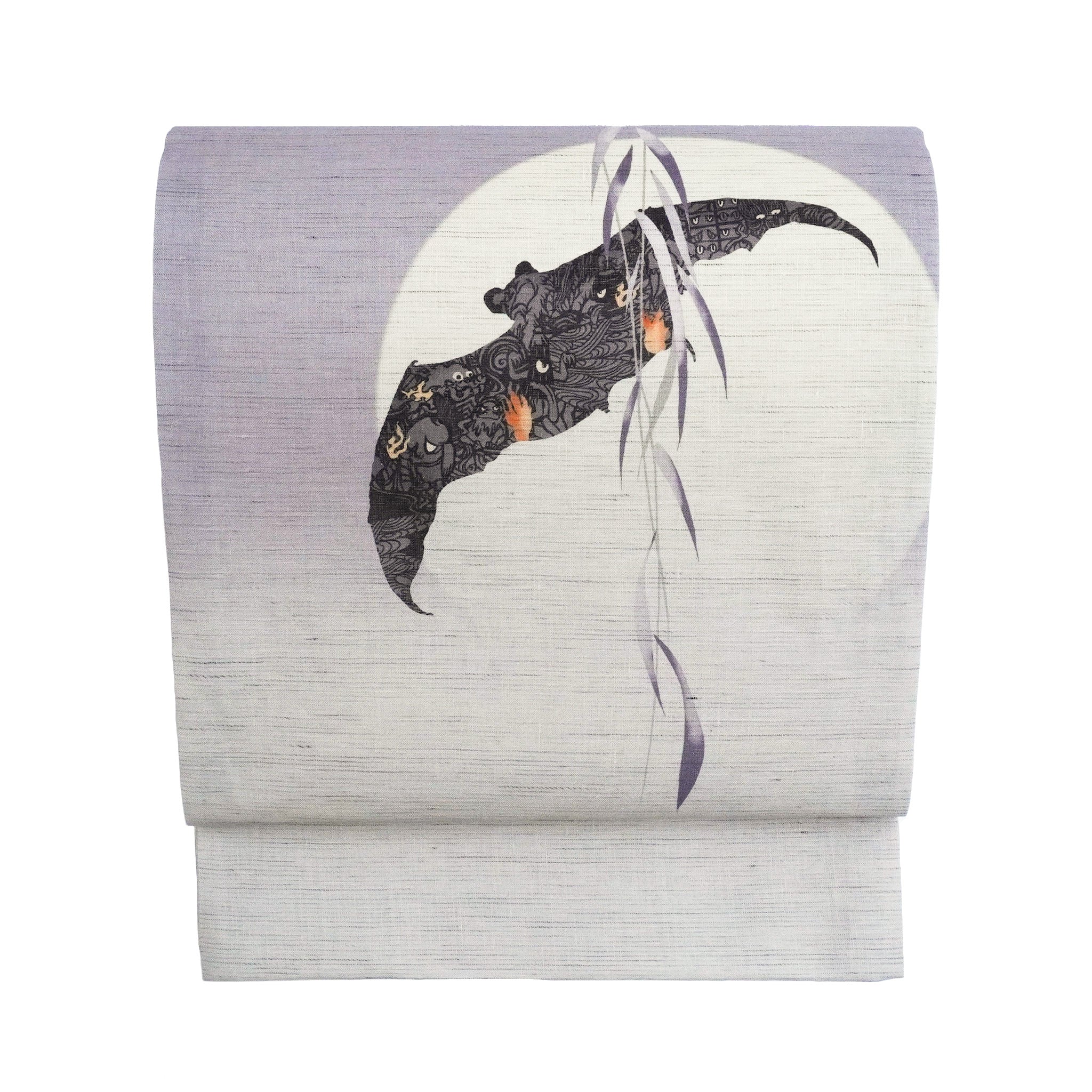 麻京袋帯 鬼火（薄ねず）｜前柄アレンジ｜サイズ：長さ約375cm幅約31cm｜素材：表地 近江の麻100%