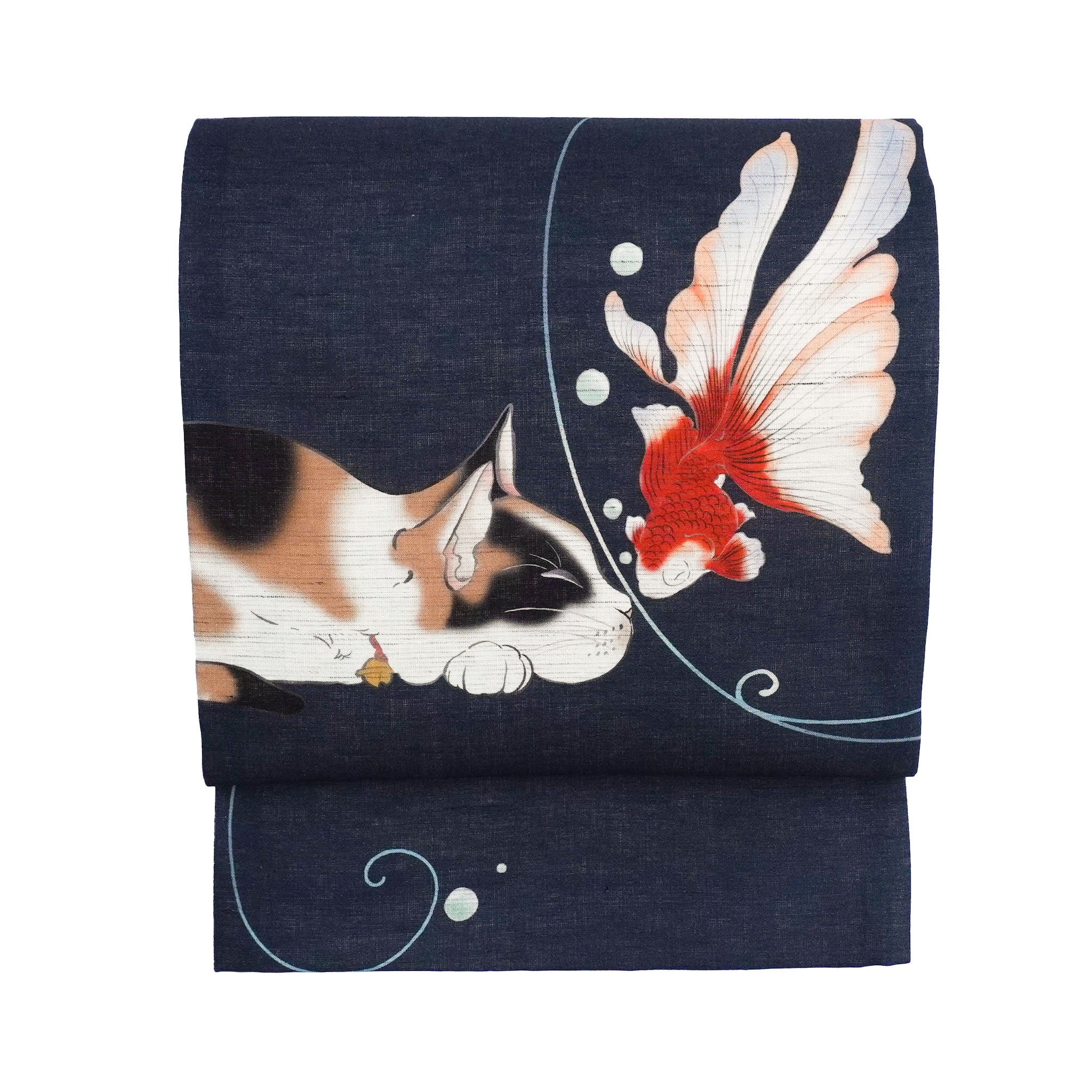 麻京袋帯 はつ恋（碧）｜金魚｜猫｜前柄アレンジ｜サイズ：長さ約375cm幅約31cm｜素材：表地 近江の麻100%