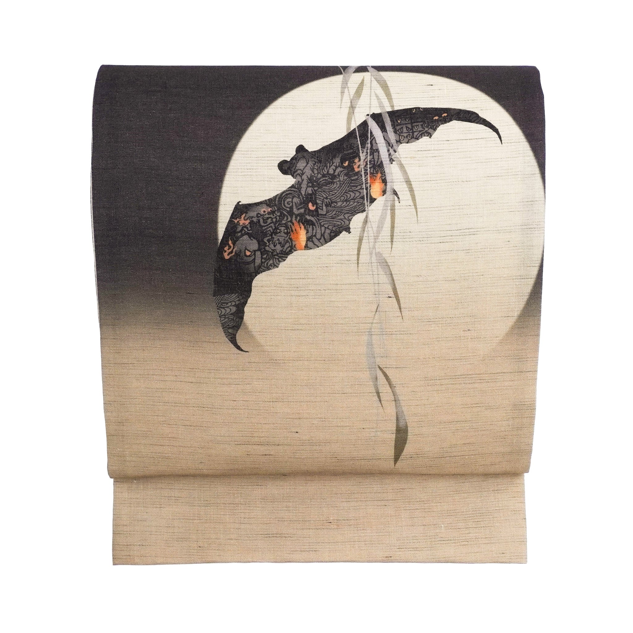 麻京袋帯 鬼火（墨色）｜前柄アレンジ｜サイズ：長さ約375cm幅約31cm｜素材：表地 近江の麻100%