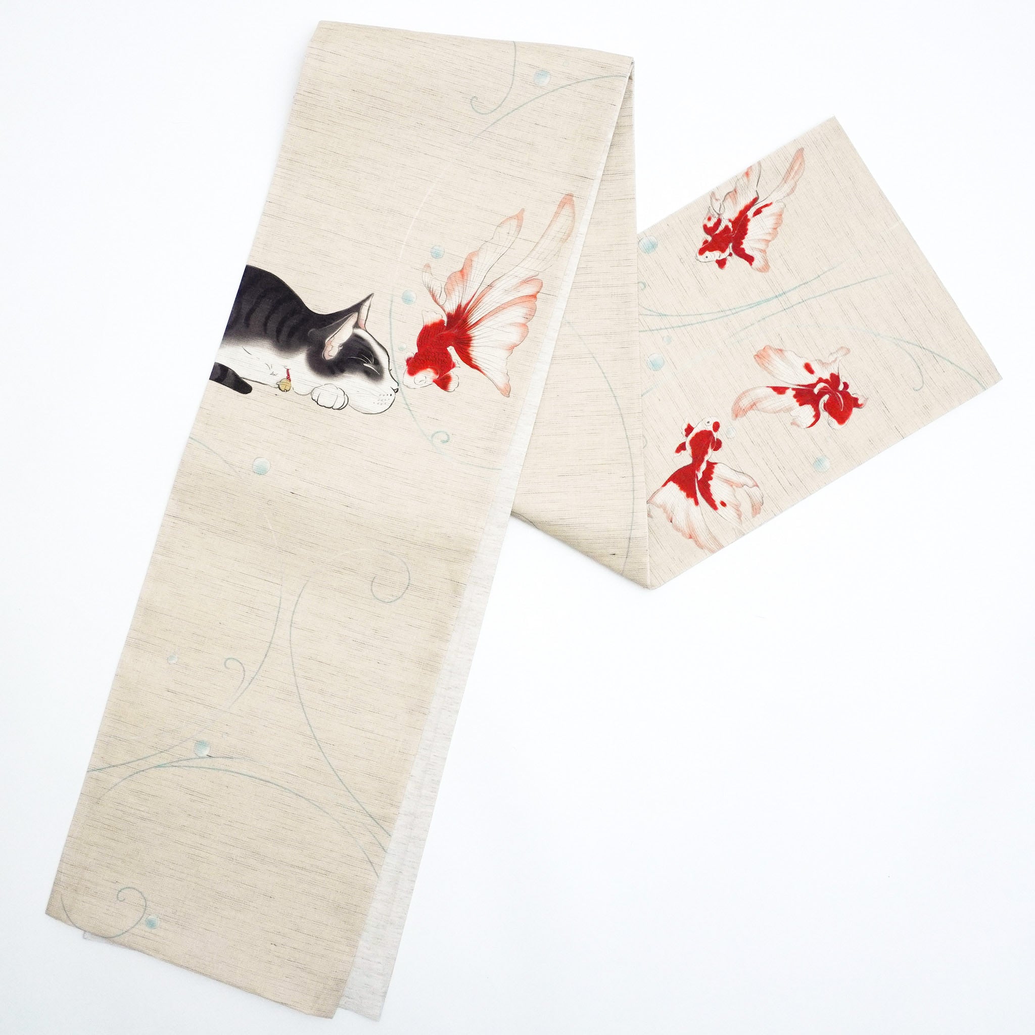 麻京袋帯 はつ恋（ベージュ）｜金魚｜猫｜前柄アレンジ｜サイズ：長さ約375cm幅約31cm｜素材：表地 近江の麻100%