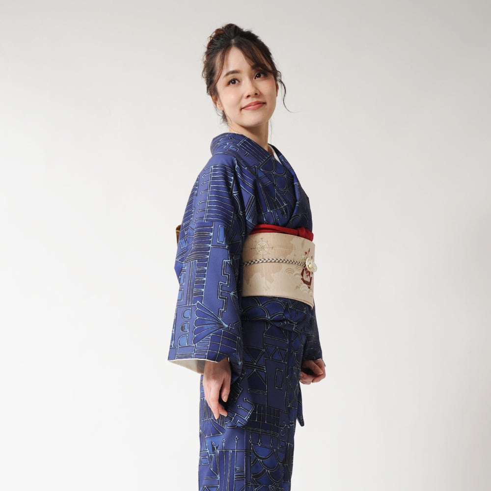 京袋帯 大航海（ベージュ）｜帆船｜前柄アレンジ｜サイズ：長さ約375cm幅約31cm｜素材：表地 絹100%裏地 絹綿混｜生産：日本
