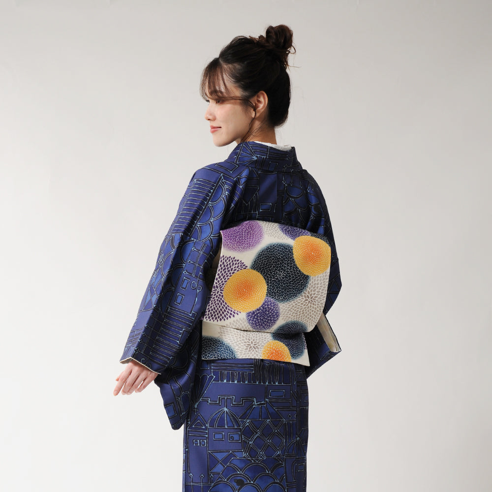京袋帯 ドット・マム（紺・紫）｜菊の花｜水玉模様｜前柄アレンジ｜サイズ：長さ約375cm幅約31cm｜素材：表地 絹100%裏地 絹綿混｜生産：日本