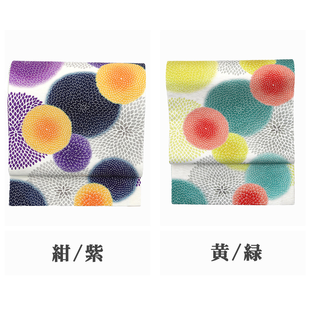 京袋帯 ドット・マム｜菊の花｜水玉模様｜前柄アレンジ｜サイズ：長さ約375cm幅約31cm｜素材：表地 絹100%裏地 絹綿混｜生産：日本