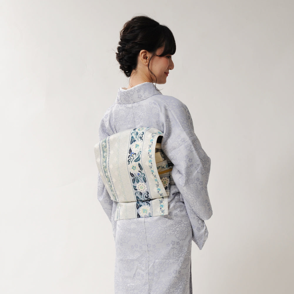 京袋帯 みやこ献上（白銀）｜前柄アレンジ｜サイズ：長さ約375cm幅約31cm｜素材：表地 絹100%裏地 絹綿混｜生産：日本