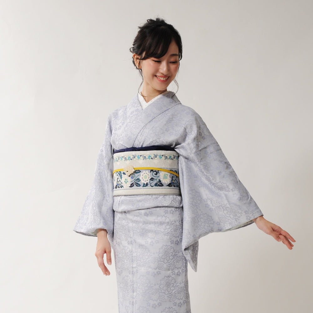 京袋帯 みやこ献上（白銀）｜前柄アレンジ｜サイズ：長さ約375cm幅約31cm｜素材：表地 絹100%裏地 絹綿混｜生産：日本