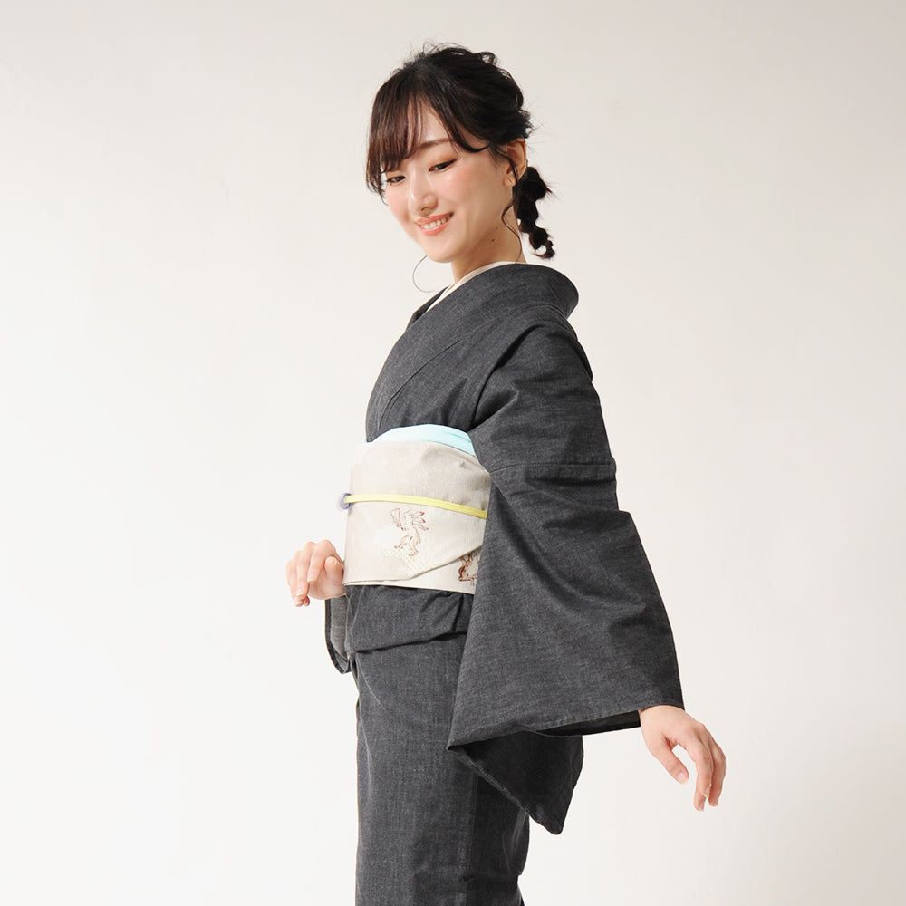 半巾帯 ツナ取り（薄グレー）｜相撲｜うさぎ｜かえる｜正絹リバーシブル｜浴衣｜夏着物｜帯｜長さ約425cm幅約16.5cm｜素材：絹100%｜生産：日本