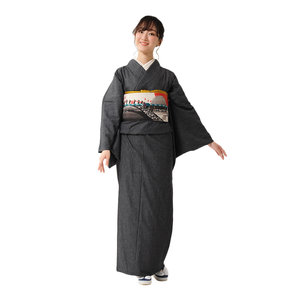 半巾帯 いざ お江戸!!（ベージュ）｜うさぎ大名行列｜正絹リバーシブル｜浴衣｜夏着物｜帯｜長さ約425cm幅約16.5cm｜素材：絹100%｜生産：日本