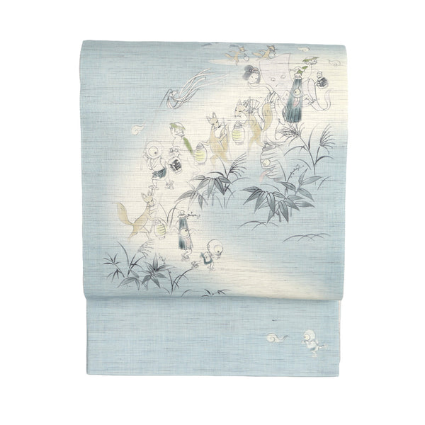 麻京袋帯 なんかようかい？（浅黄）｜百鬼夜行｜前柄アレンジ｜サイズ：長さ約375cm幅約31cm｜素材：表地 近江の麻100%