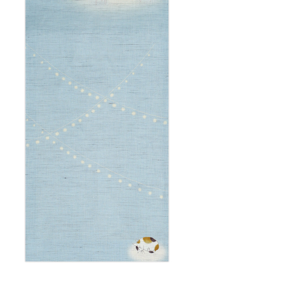 麻京袋帯 おつかれにゃ～ん（ブルー）｜猫｜前柄アレンジ｜サイズ：長さ約375cm幅約31cm｜素材：表地 近江の麻100%
