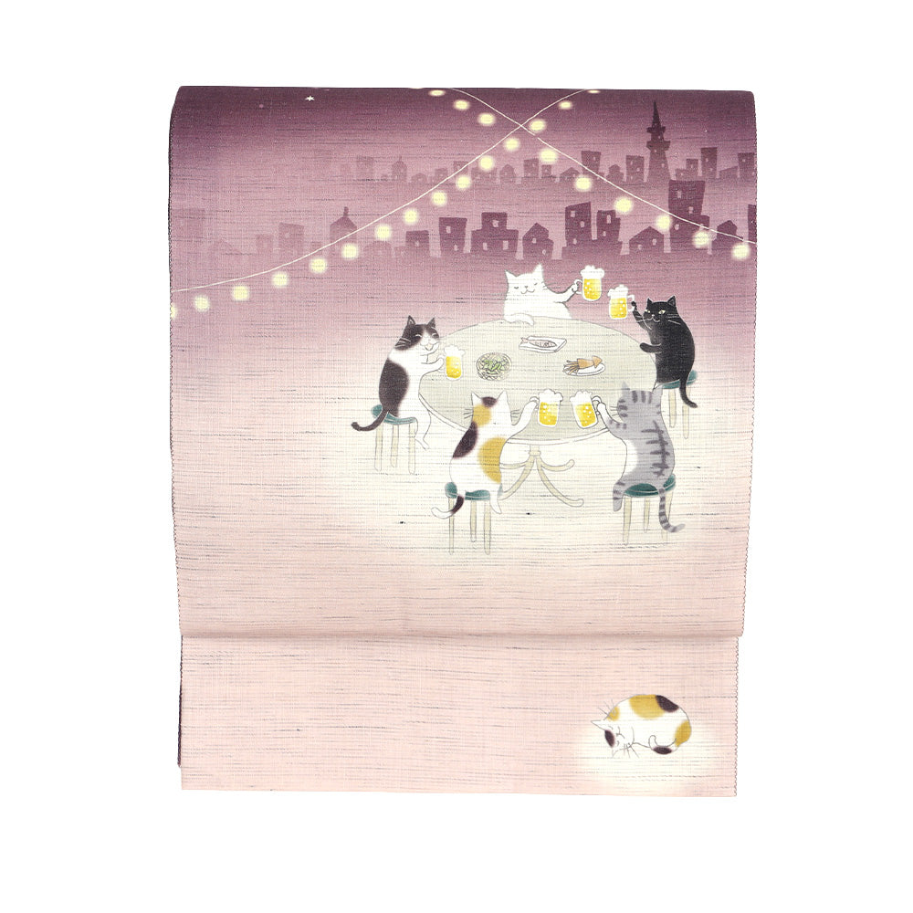 麻京袋帯 おつかれにゃ～ん（ワイン）｜猫｜前柄アレンジ｜サイズ：長さ約375cm幅約31cm｜素材：表地 近江の麻100%