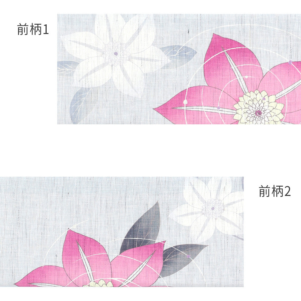 麻京袋帯 クレマチス｜夏の花｜前柄アレンジ｜サイズ：長さ約375cm幅約31cm｜素材：表地 近江の麻100% – 京WA・KKA | ONLINE  SHOP