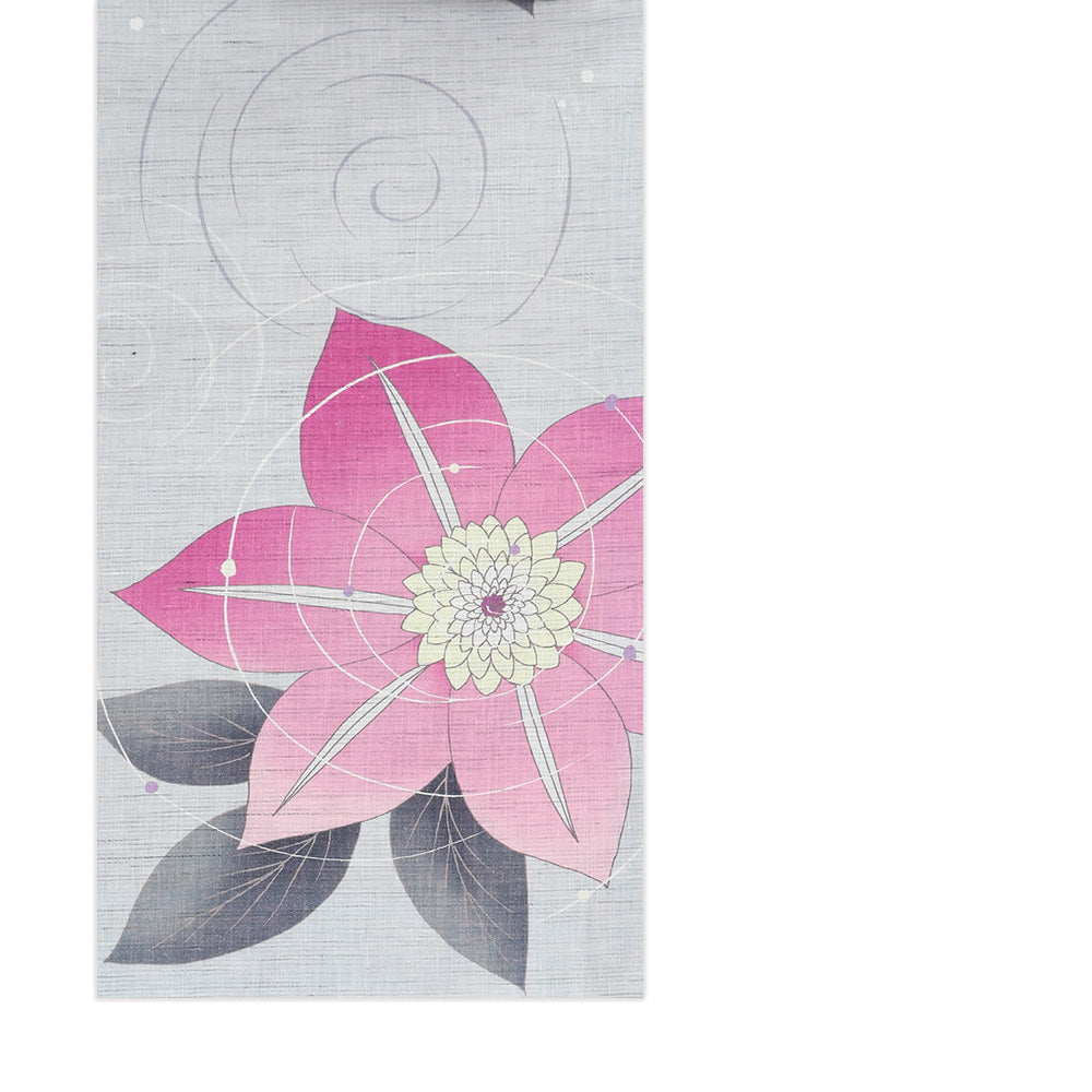 麻京袋帯 クレマチス｜夏の花｜前柄アレンジ｜サイズ：長さ約375cm幅約31cm｜素材：表地 近江の麻100%