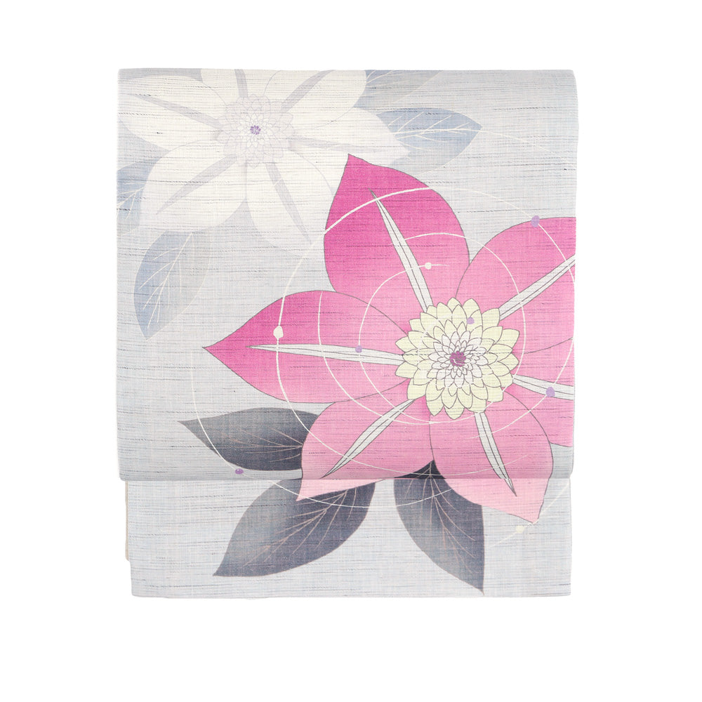 麻京袋帯 クレマチス｜夏の花｜前柄アレンジ｜サイズ：長さ約375cm幅約31cm｜素材：表地 近江の麻100%