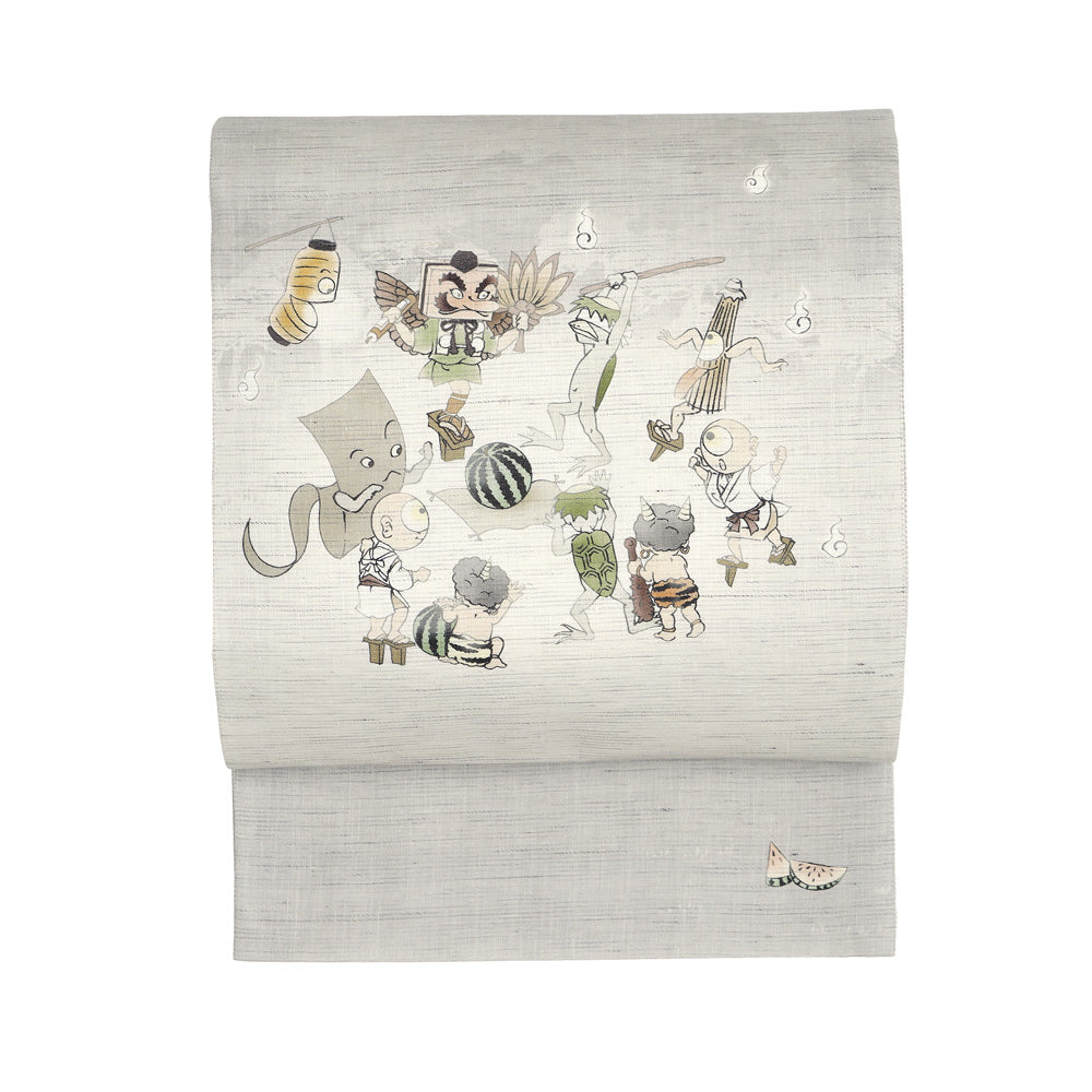 麻京袋帯 スイカ割り（薄グレー）｜妖怪｜前柄アレンジ｜サイズ：長さ約375cm幅約31cm｜素材：表地 近江の麻100%