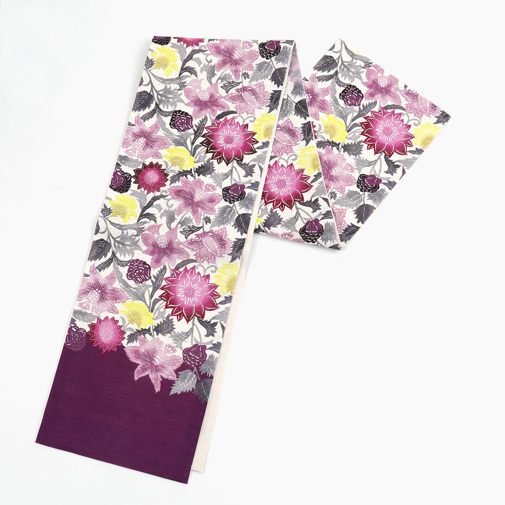 麻京袋帯 フロレゾン（ラズベリー）｜花柄｜前柄アレンジ｜サイズ：長さ約375cm幅約31cm｜素材：表地 近江の麻100%