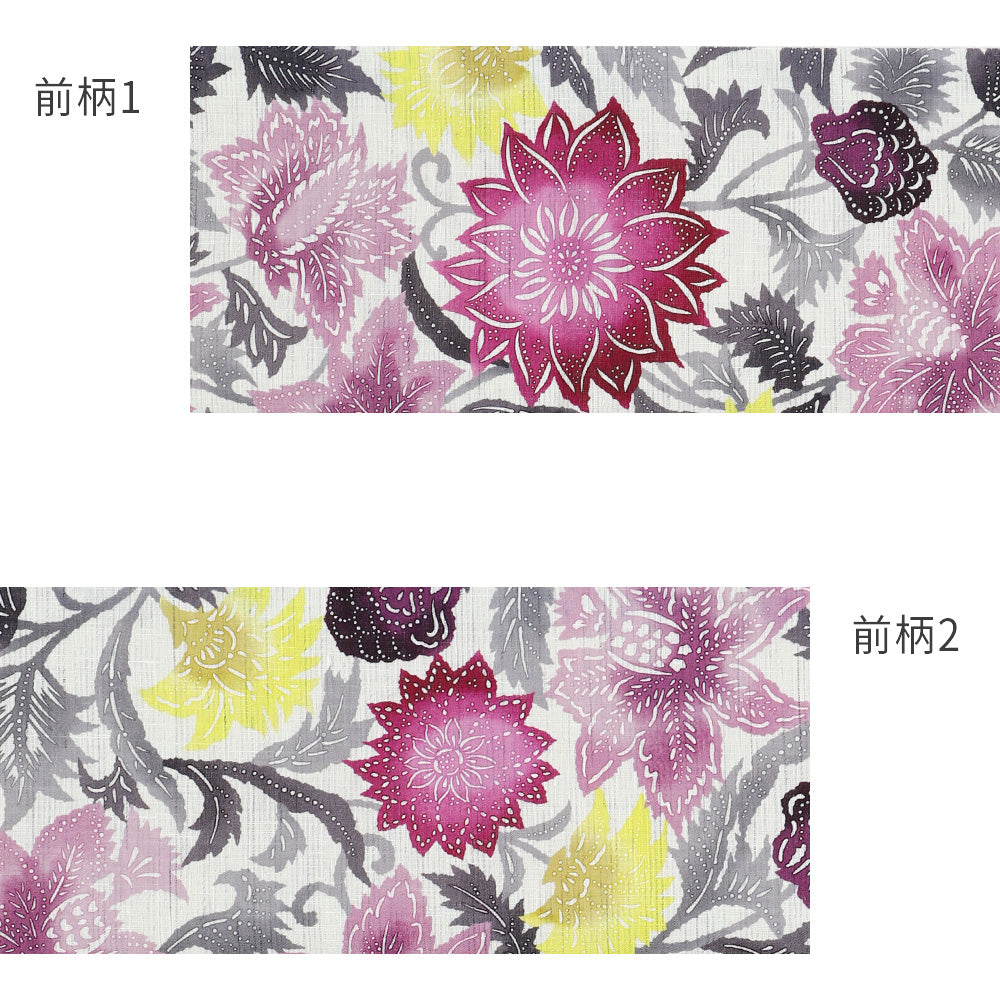 麻京袋帯 フロレゾン（ラズベリー）｜花柄｜前柄アレンジ｜サイズ：長さ約375cm幅約31cm｜素材：表地 近江の麻100%