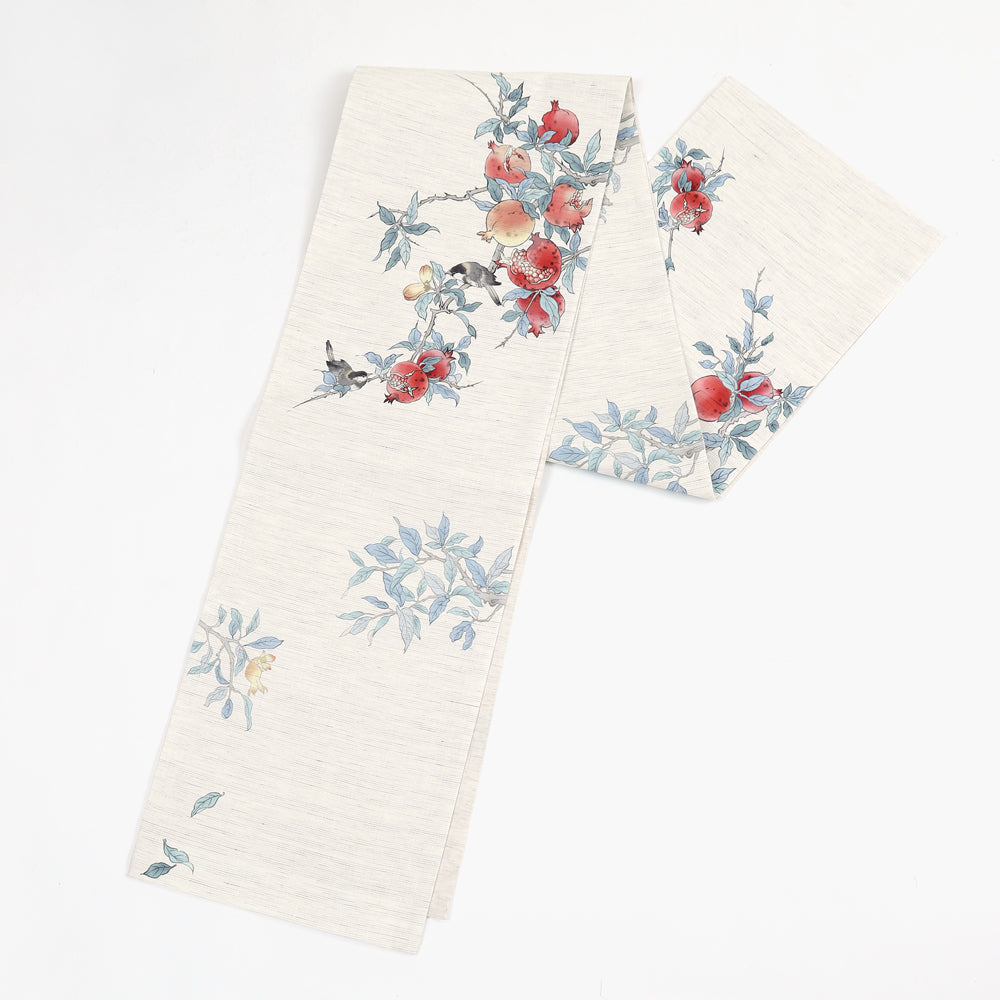 麻京袋帯 赤い宝石（生成り）｜石榴｜前柄アレンジ｜サイズ：長さ約375cm幅約31cm｜素材：表地 近江の麻100%