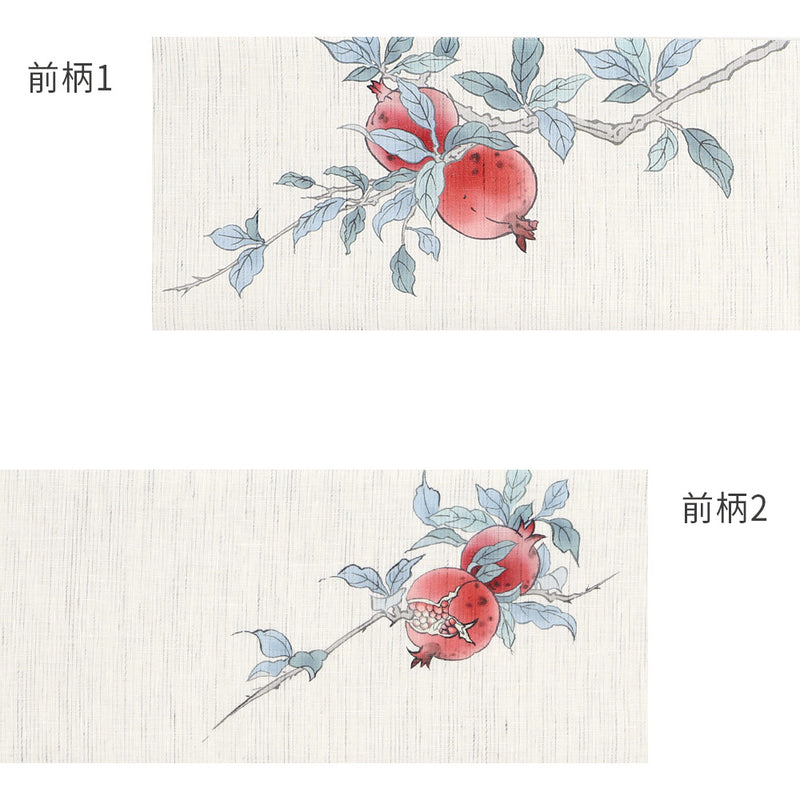 麻京袋帯 赤い宝石（生成り）｜石榴｜前柄アレンジ｜サイズ：長さ約375cm幅約31cm｜素材：表地 近江の麻100%