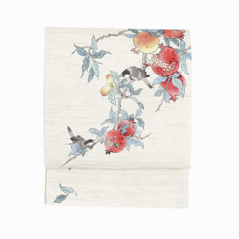 麻京袋帯 赤い宝石（生成り）｜石榴｜前柄アレンジ｜サイズ：長さ約375cm幅約31cm｜素材：表地 近江の麻100%