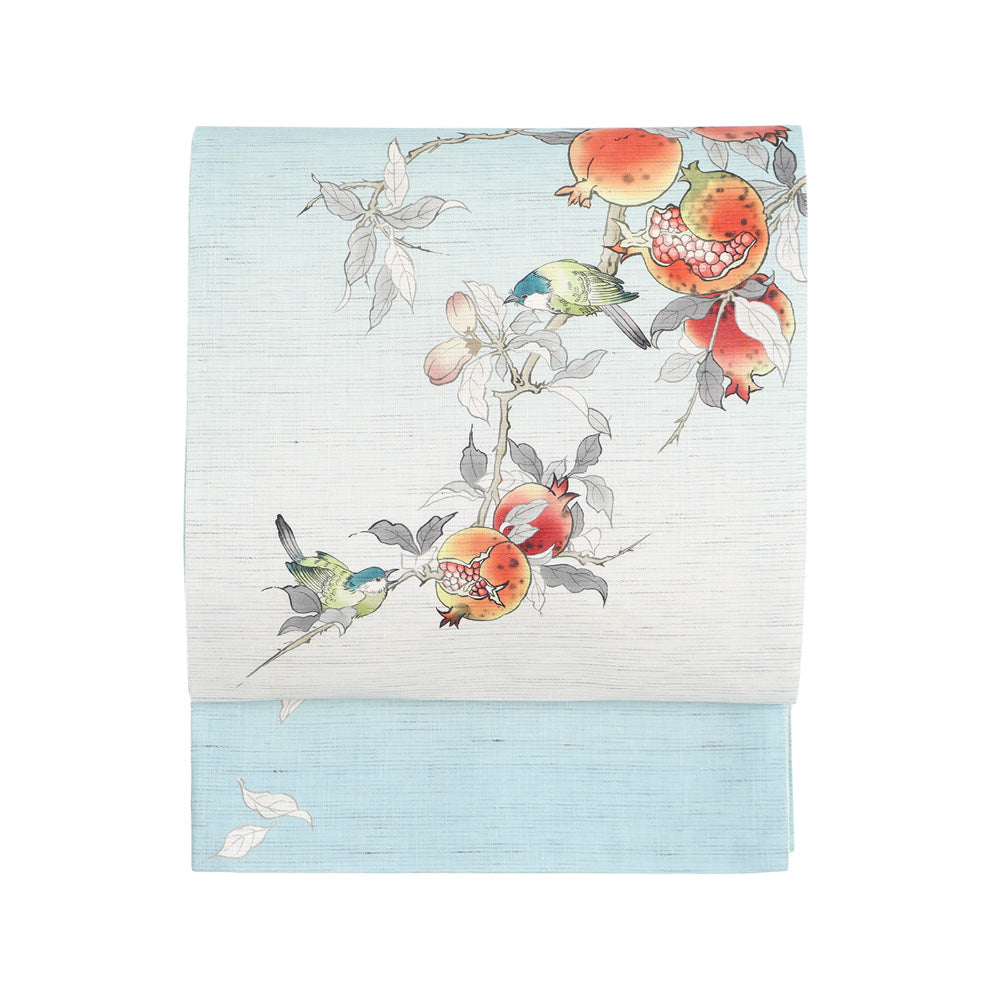 麻京袋帯 赤い宝石（水色）｜石榴｜前柄アレンジ｜サイズ：長さ約375cm幅約31cm｜素材：表地 近江の麻100%