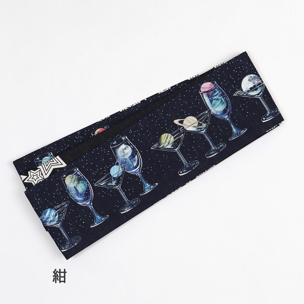 麻半巾帯 惑星カクテル（紺）｜前柄アレンジ｜サイズ：長さ約375cm幅約31cm｜素材：表地 近江の麻100%