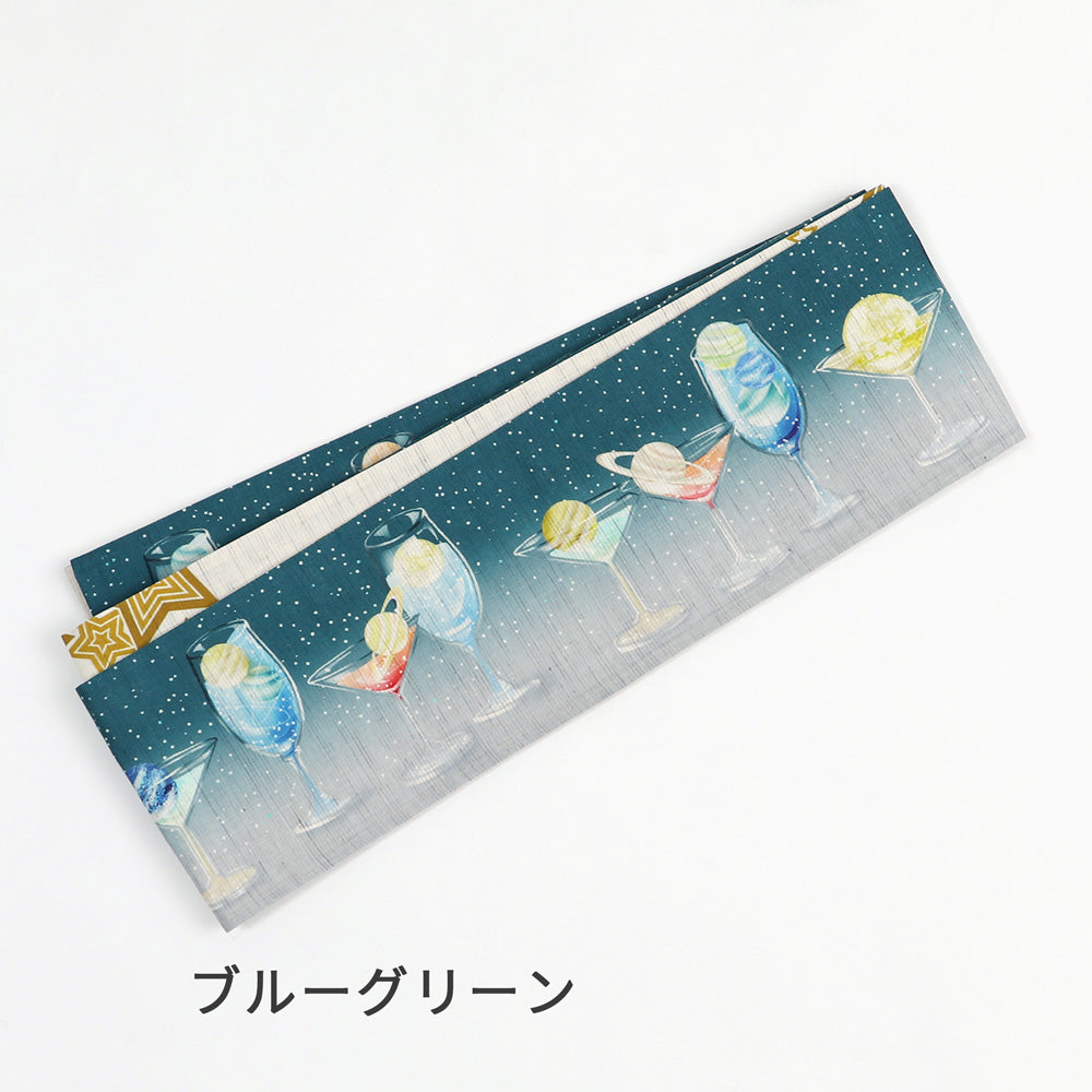 麻半巾帯 惑星カクテル（ブルーグリーン）｜前柄アレンジ｜サイズ：長さ約375cm幅約31cm｜素材：表地 近江の麻100%