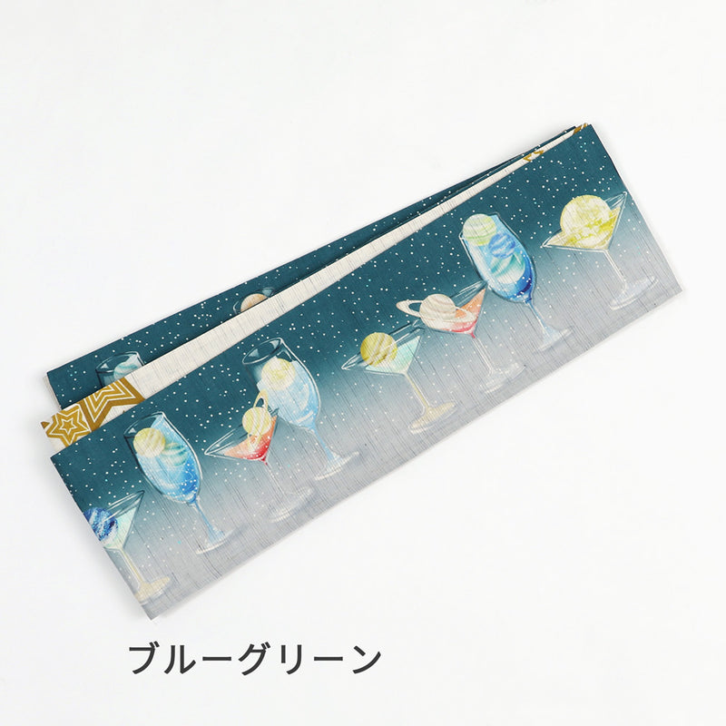 麻半巾帯 惑星カクテル（ブルーグリーン）｜前柄アレンジ｜サイズ：長さ約375cm幅約31cm｜素材：表地 近江の麻100%