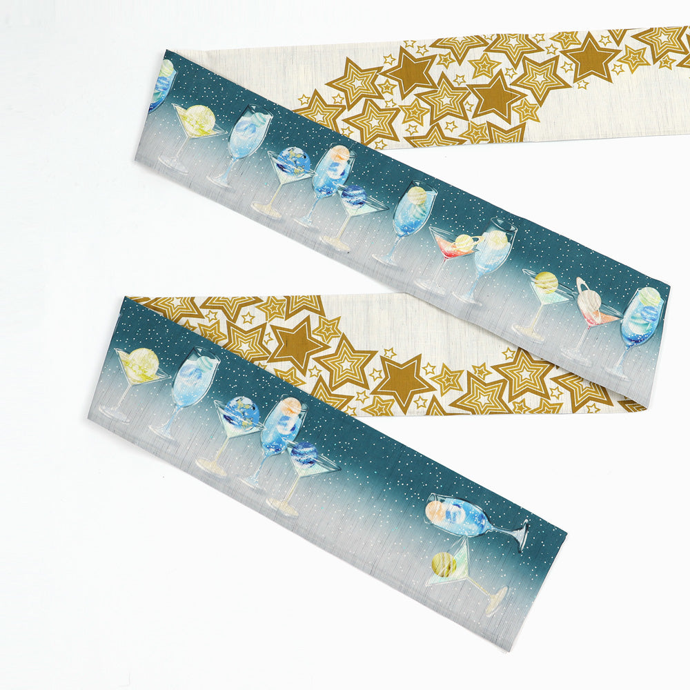 麻半巾帯 惑星カクテル（ブルーグリーン）｜前柄アレンジ｜サイズ：長さ約375cm幅約31cm｜素材：表地 近江の麻100%