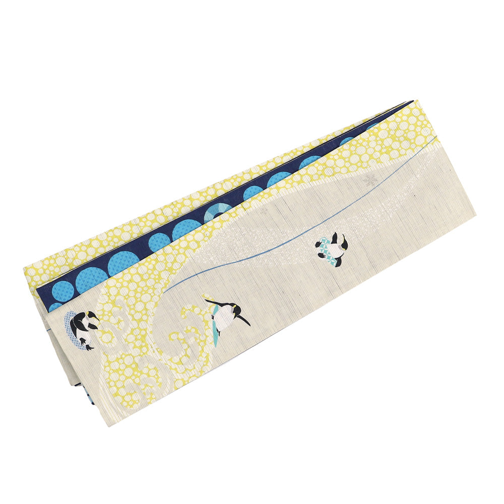 麻半巾帯 ペンギン夏遊び（クリーム）｜前柄アレンジ｜サイズ：長さ約375cm幅約31cm｜素材：表地 近江の麻100%