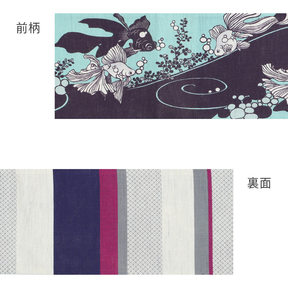 幅約31cm｜素材：表地 近江の麻100%麻半巾帯 僕と彼女たち（紫）｜猫｜前柄アレンジ｜サイズ：長さ約375cm