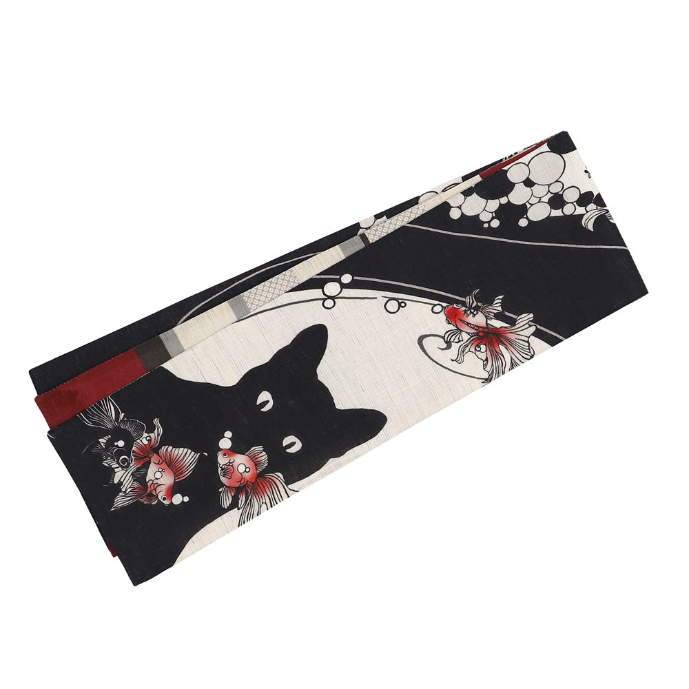 麻半巾帯 僕と彼女たち（黒）｜猫｜前柄アレンジ｜サイズ：長さ約375cm幅約31cm｜素材：表地 近江の麻100%