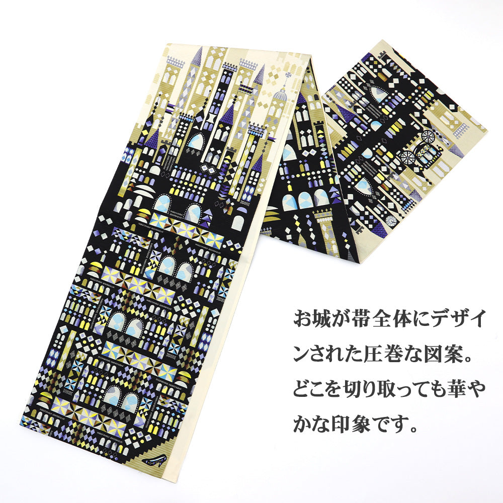 京袋帯 午前0時（サファイヤ）｜シンデレラ｜舞踏会｜前柄アレンジ｜サイズ：長さ約375cm幅約31cm｜素材：表地 絹100%裏地 絹綿混｜生産：日本